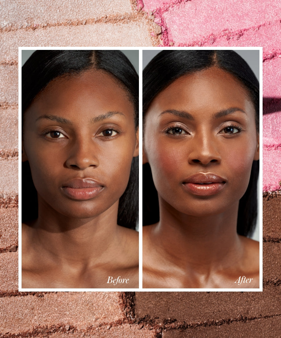 Before and after comparison of a woman’s face showcasing the natural, radiant finish achieved using ReDimension Daily Glow Palette makeup with clean, cruelty free ingredients.