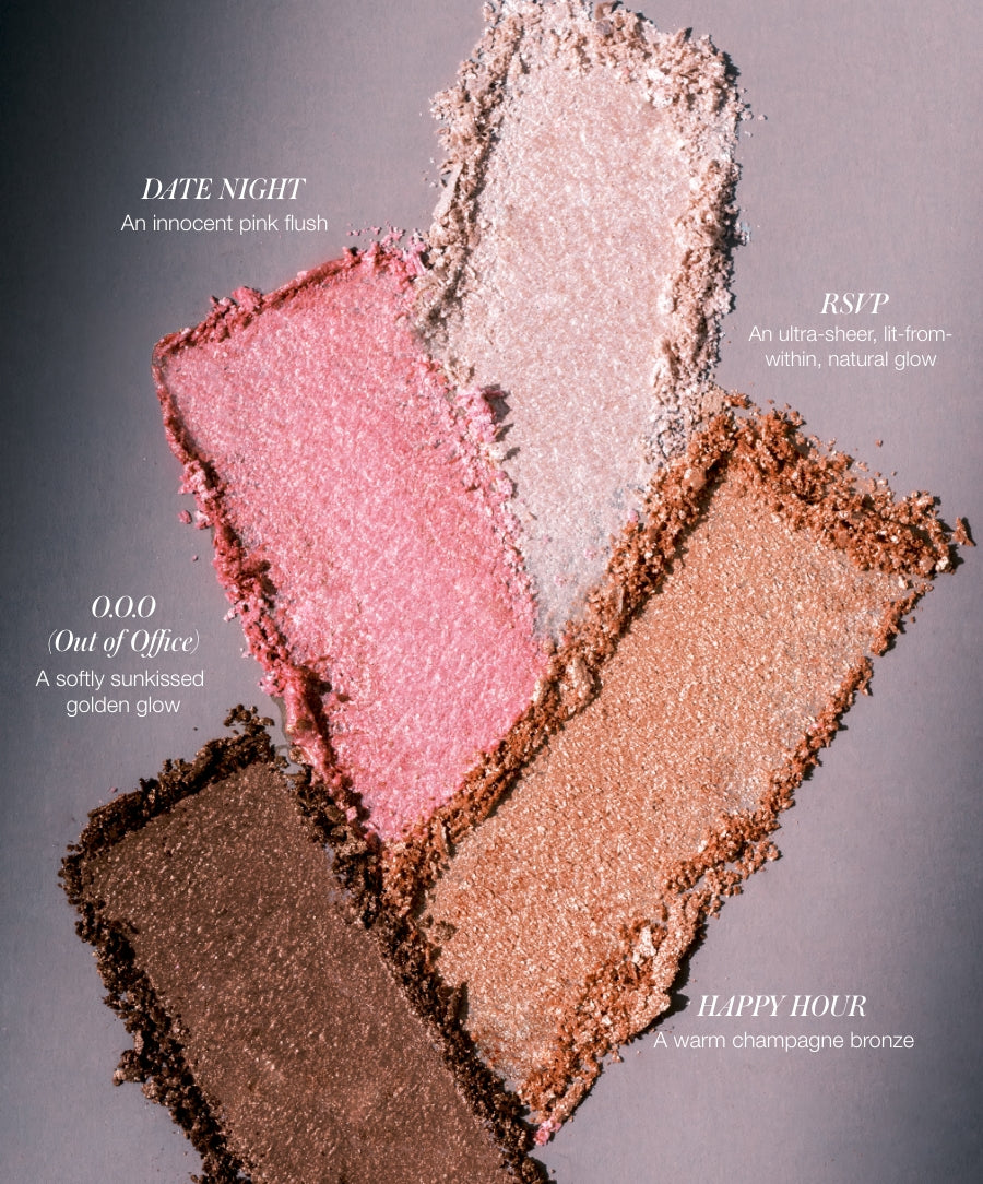 Smudged eyeshadow swatches in pink, champagne, bronze, and brown shades with text describing the shades, from the ReDimension Daily Glow Sheer Highlighter Palette by RMS Beauty using clean, natural ingredients and cruelty free makeup.