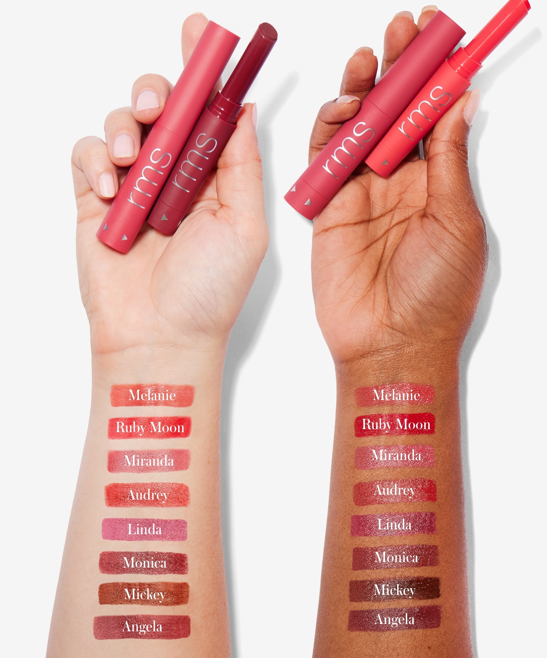 Arm swatches of RMS Legendary Serum Lipstick shades