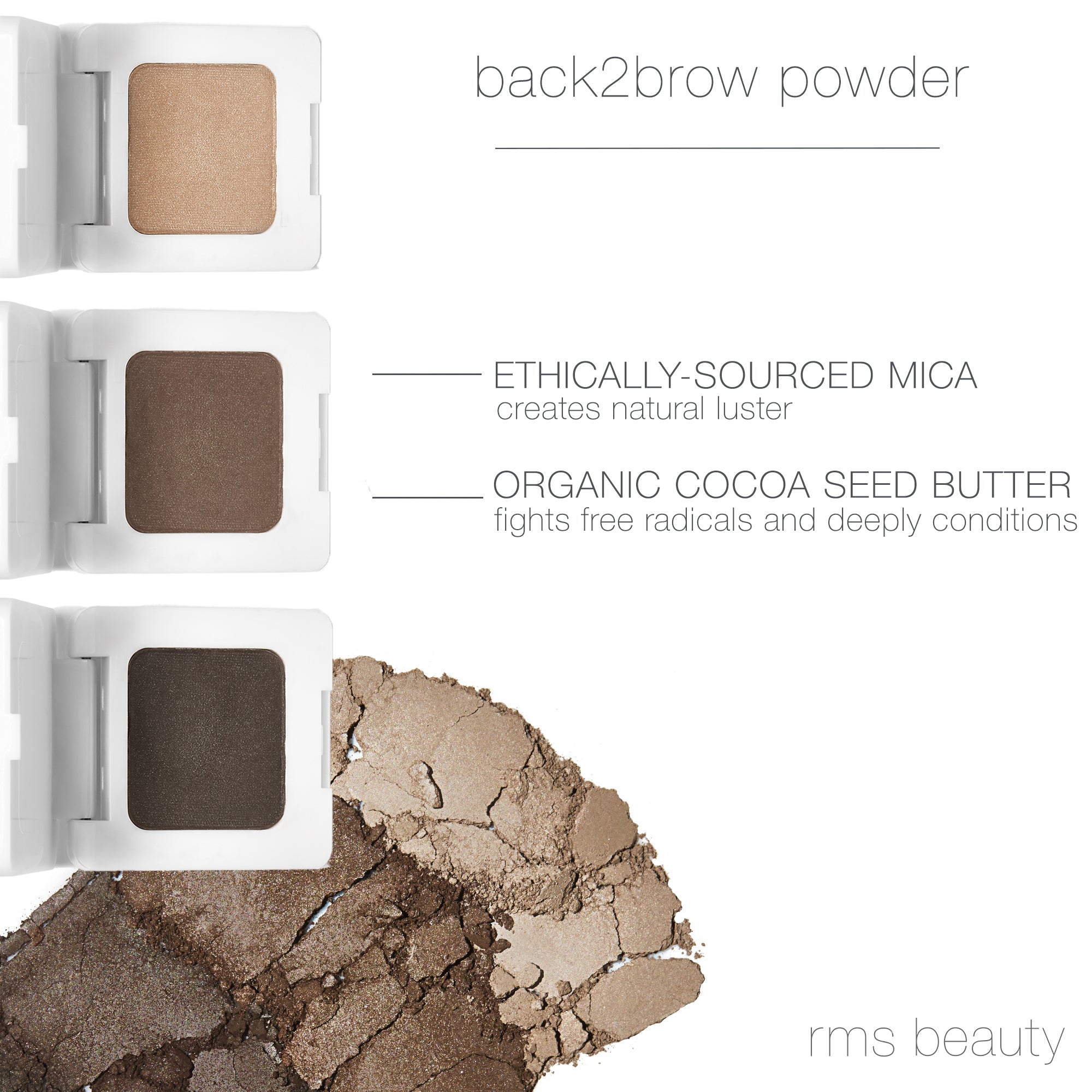 Listing Back2Brow Powder organic ingredients and benefits. Ethically-Sourced Mica creates natural luster, Organic Cocoa Seed Butter fights free radicals and deeply conditions.