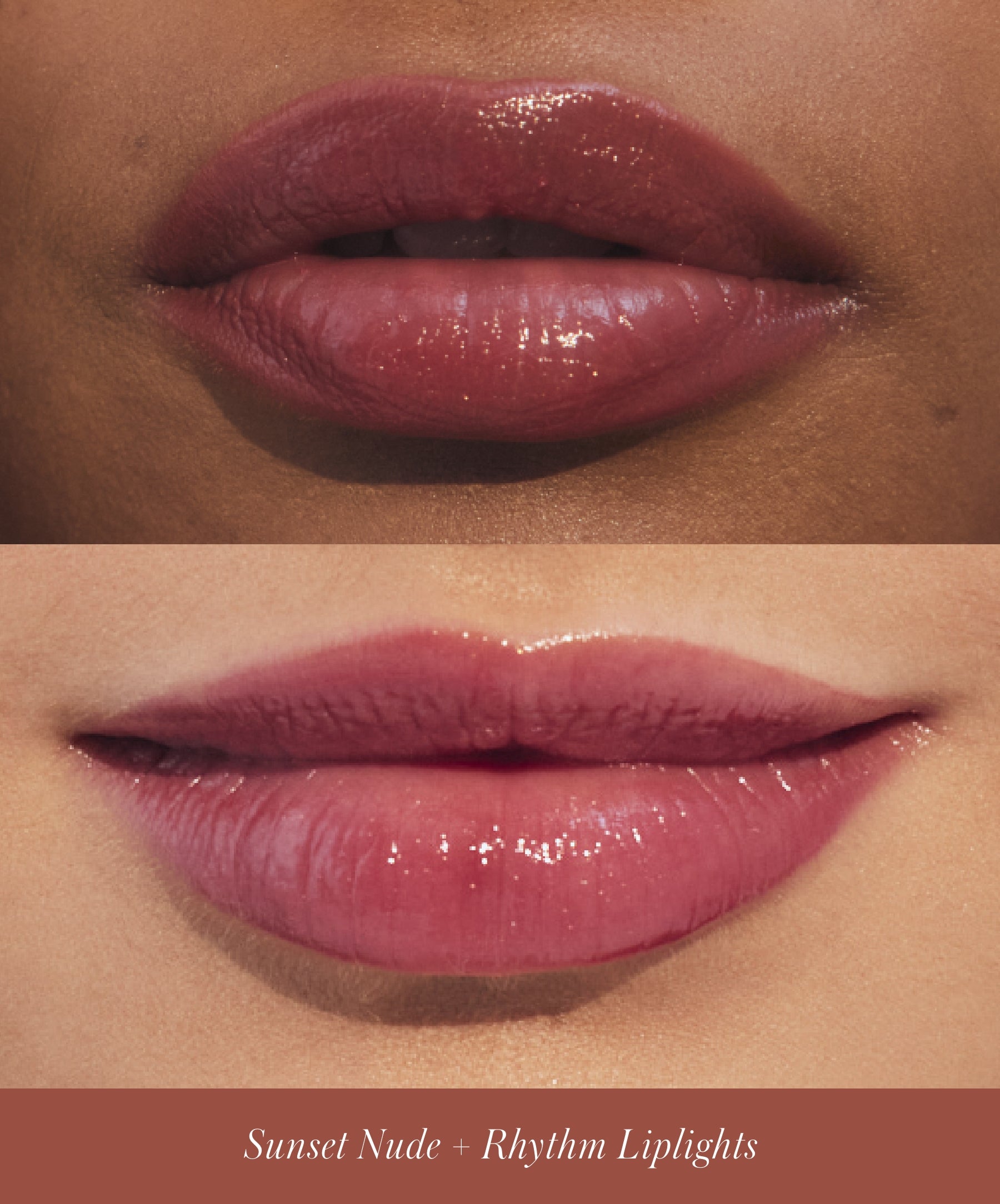 Close-up of models wearing RMS Go Nude Lip Pencil in shade Sunset Nude and RMS Liplights Cream Lip Gloss in shade Rhythm