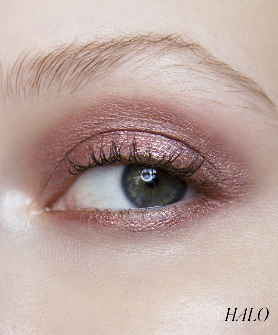 Close-up of model wearing RMS Eyelights Cream Eyeshadow in shade Halo