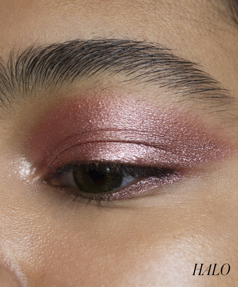 Close-up of model wearing RMS Eyelights Cream Eyeshadow in shade Halo