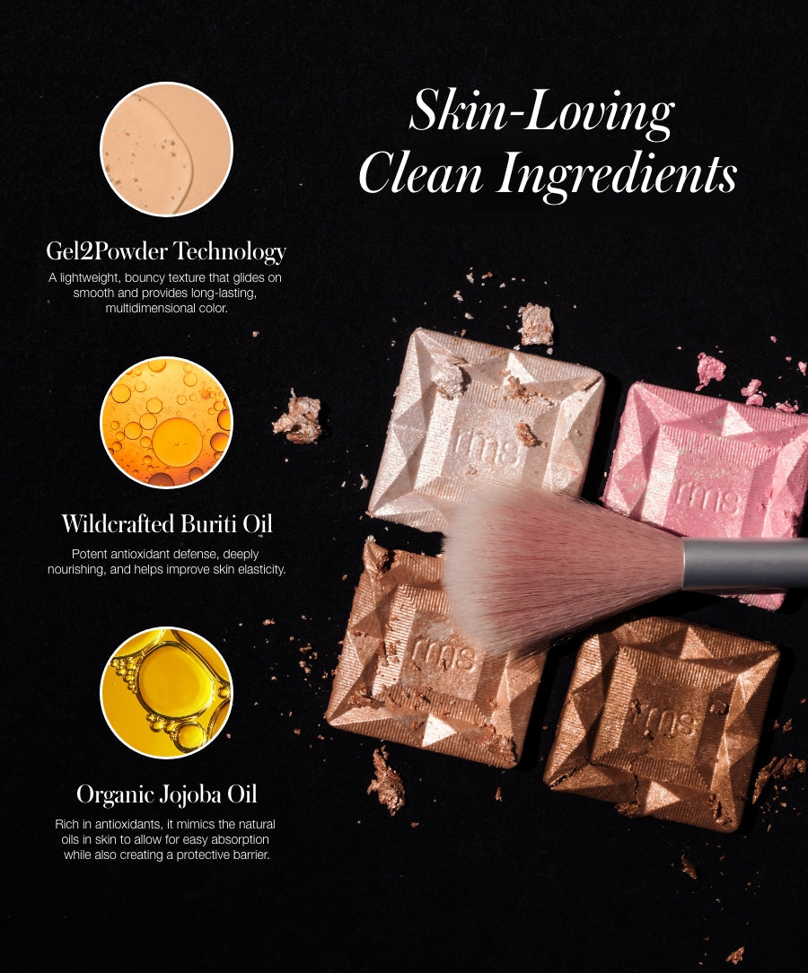 ReDimension Daily Glow Palette with four shimmering shades, highlighting skin-loving clean ingredients like Gel2Powder Technology, wildcrafted buriti oil, and organic jojoba oil for natural, radiant makeup.
