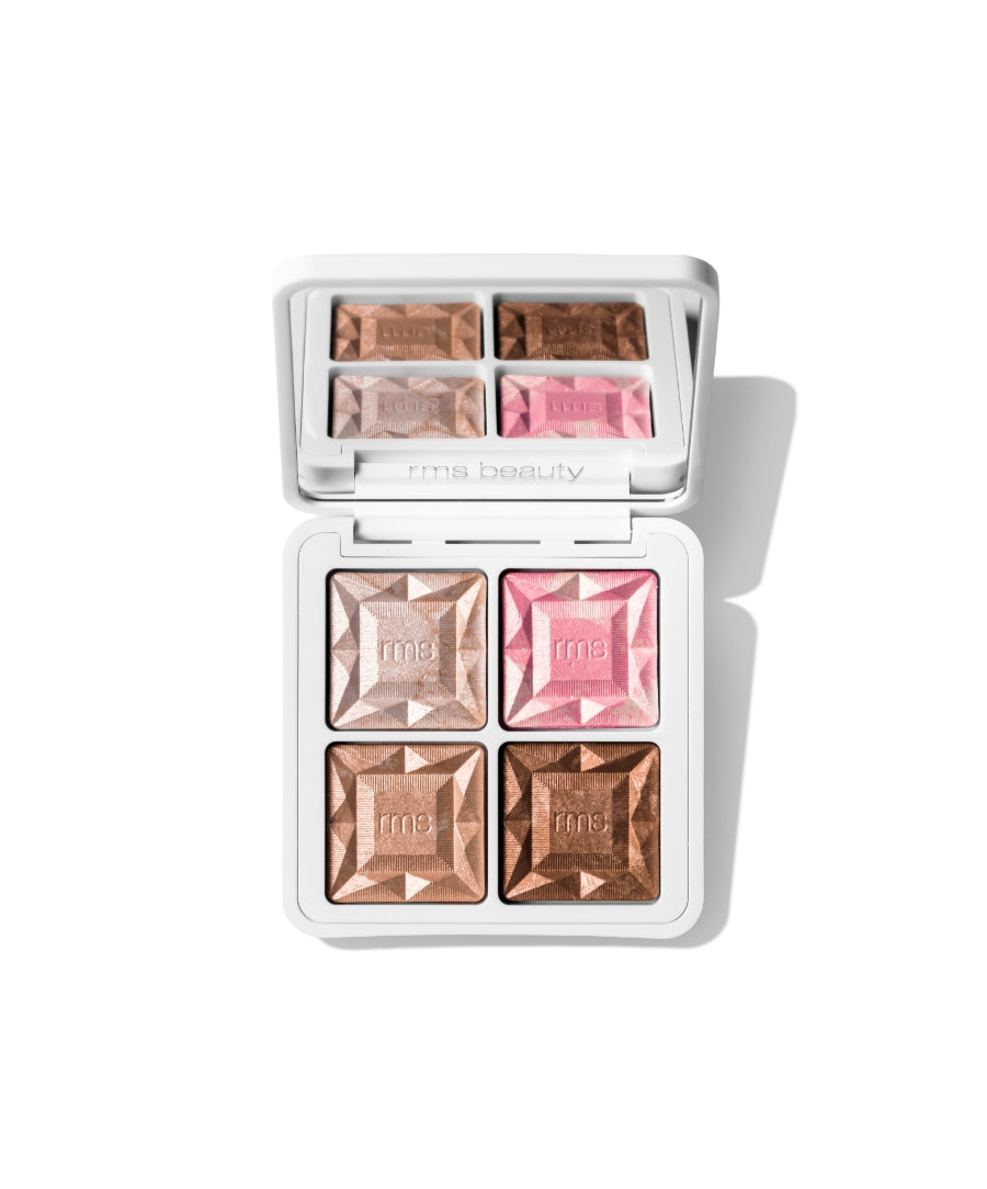 ReDimension Daily Glow Palette featuring four shimmery, jewel-cut shades in warm bronze, pink, and nude tones housed in a sleek white compact with a mirror, perfect for clean beauty looks.