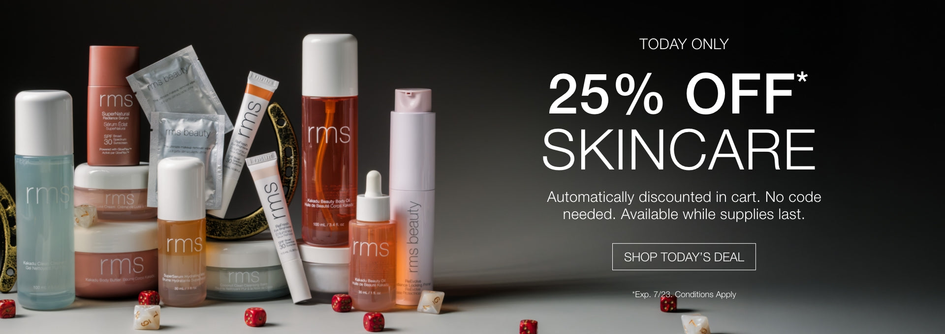 Various RMS Beauty skincare products arranged on a surface with text announcing a 25% off skincare sale for today only, with a dark gradient background and scattered red pomegranate seeds.