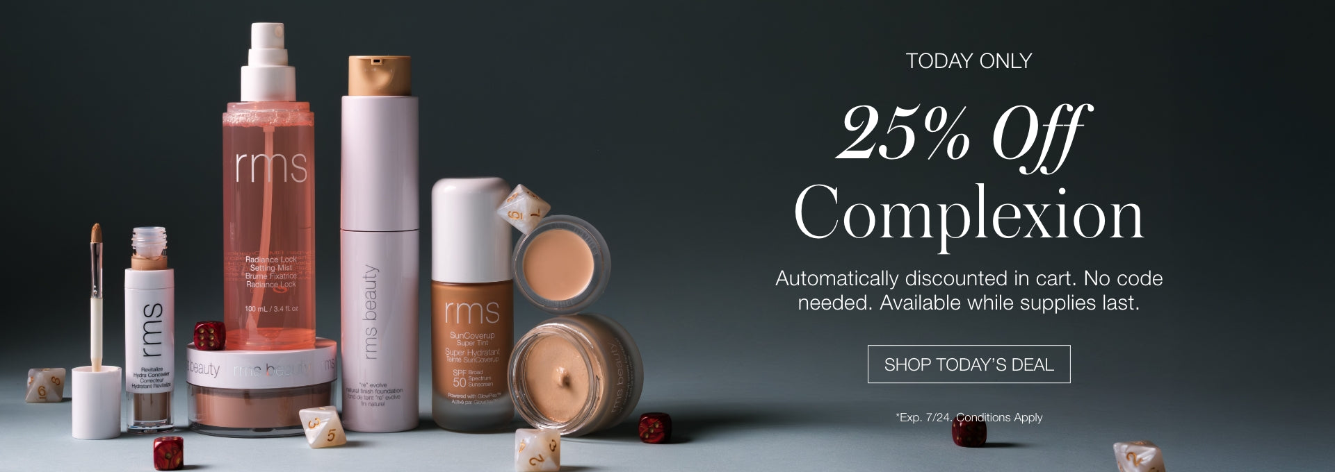 Collection of RMS Beauty skincare and makeup products arranged with promotional text offering 25 percent off complexion items for today only on a dark gradient background