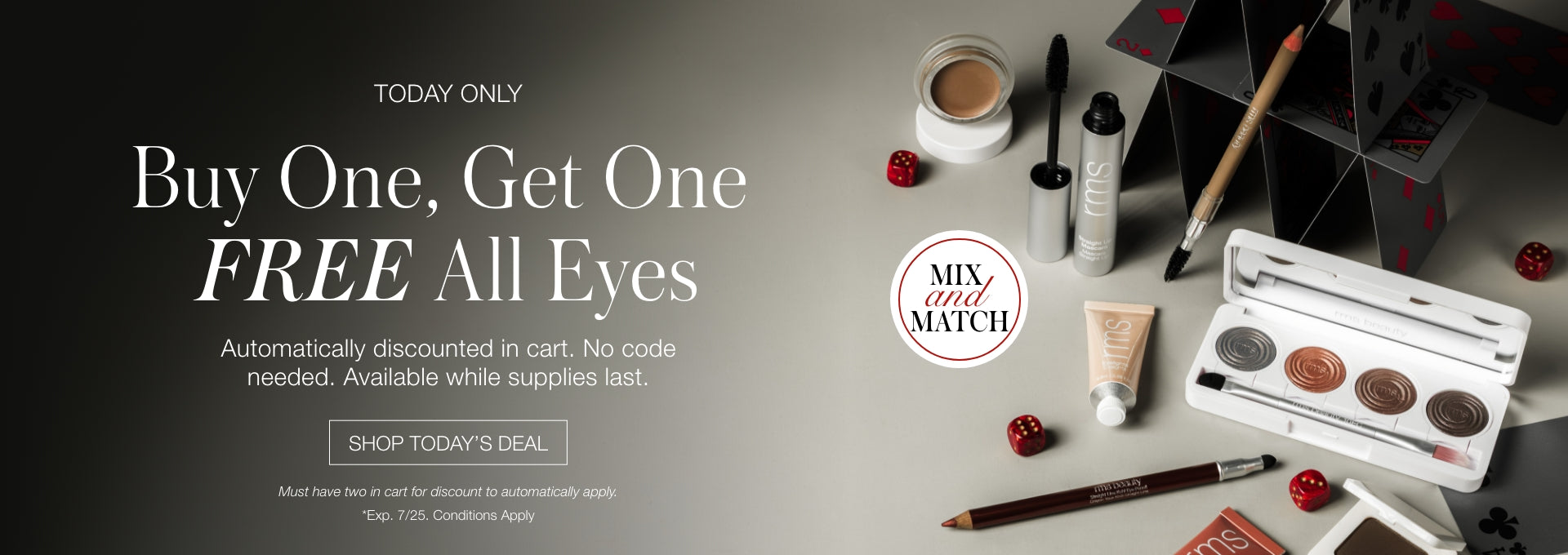 A flat lay of makeup items including an eyeshadow palette, brushes, mascara, eyeliner, and other cosmetics arranged on a gray surface next to a cup of coffee and a promotional message about a buy one, get one free eyes makeup offer.