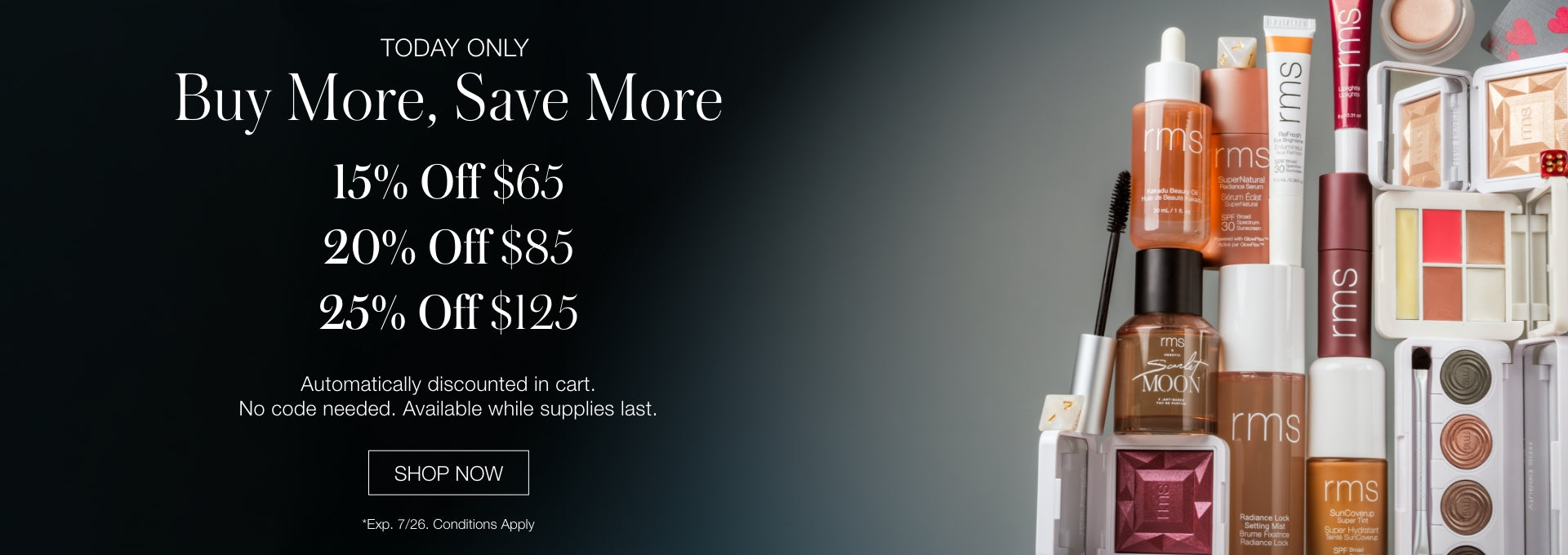 RMS Beauty skincare and makeup products displayed next to a dark background with a promotional message offering tiered discounts for purchases of $65, $85, and $125.