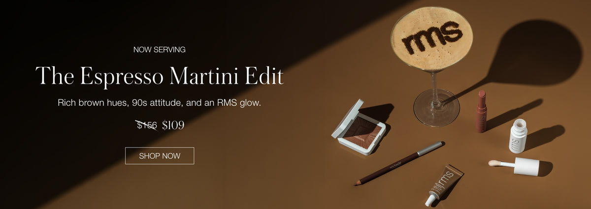 RMS Beauty banner featuring the Espresso Martini Edit in rich brown tones, with makeup brushes, compact, lipstick, and powder container on a brown background.