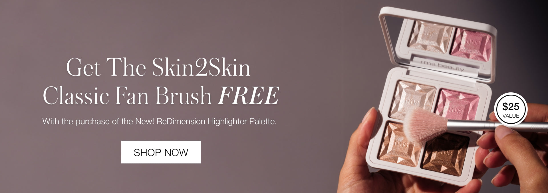 Hand holding an open highlighter palette with three shimmery shades and a fan brush applying bronze powder, next to text promoting a free fan brush with purchase on a soft mauve background.