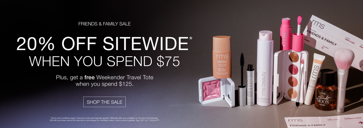 RMS Beauty banner showing makeup and brushes with text reading 20 percent off sitewide when you spend 75 dollars plus a free Weekender Travel Tote
