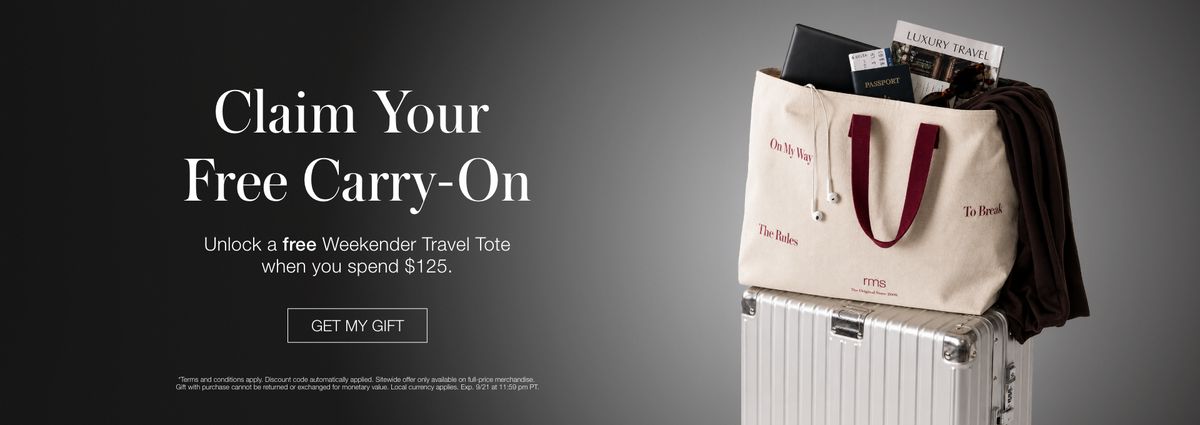 Banner reading Claim Your Free Carry On with a cream tote bag resting on a silver suitcase and smaller text about unlocking a free Weekender Travel Tote