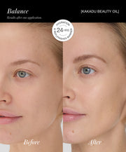 Close-up of model before using RMS Kakadu Beauty Oil and after