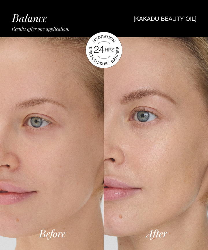 Close-up of model before using RMS Kakadu Beauty Oil and after