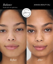 Close-up of model before using RMS Kakadu Beauty Oil and after