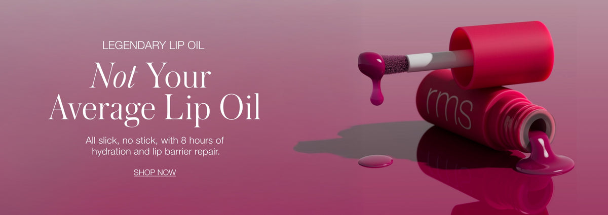 Pink banner reading Not Your Average Lip Oil, with an open RMS lip oil tube, applicator, and glossy pink oil drops on a mauve background.