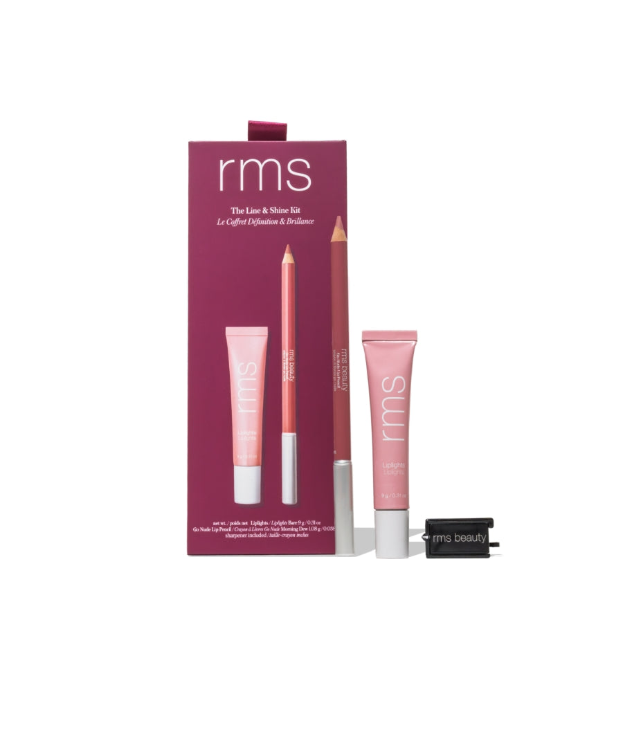 The Line & Shine Kit by RMS Beauty with pink makeup tubes and pencils for clean beauty and skincare infused makeup in sleek recyclable packaging