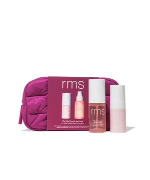 The Travel Prime & Set Duo Pouch, magenta travel pouch with RMS makeup set box and three skincare bottles on a white background