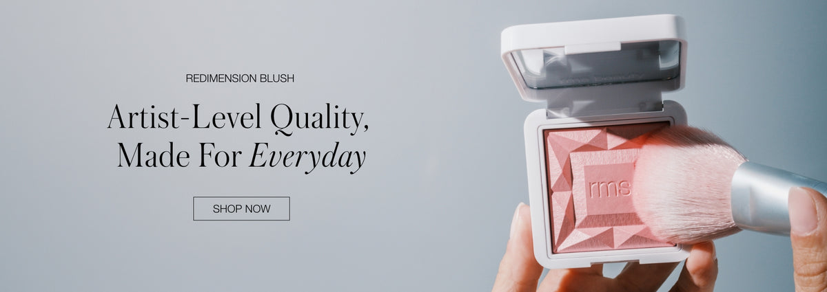 RMS Beauty makeup banner showing a blush compact and brush beside the text Artist-Level Quality, Made For Everyday, with a Shop Now button
