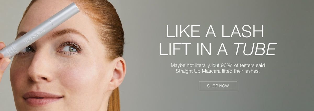 Woman applying mascara to her eyelashes beside text reading Like a Lash Lift in a Tube and a Shop Now button