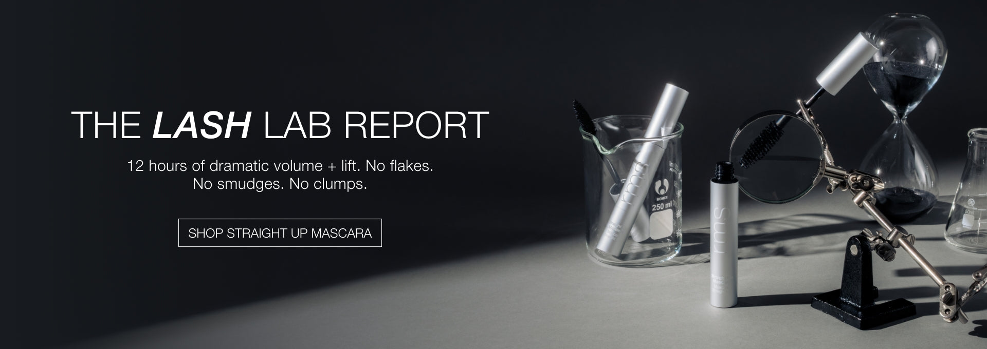 The Lash Lab Report banner with mascara tube brush and hourglass beside text about dramatic volume lift and long lasting wear with a shop button