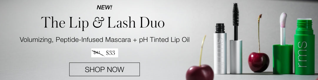 Banner featuring The Lip and Lash Duo with mascara and tinted lip oil alongside cherries and a Shop Now button.