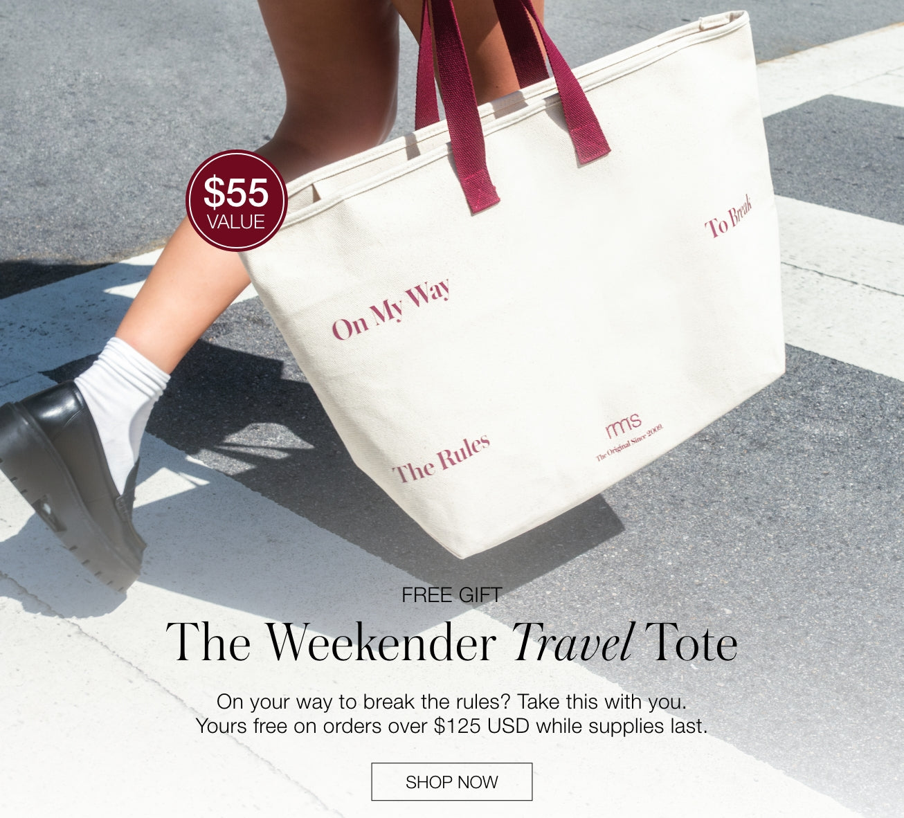 Graphic showing a cream canvas tote with burgundy handles on pavement with text reading The Weekender Travel Tote and Free Gift Subaru?