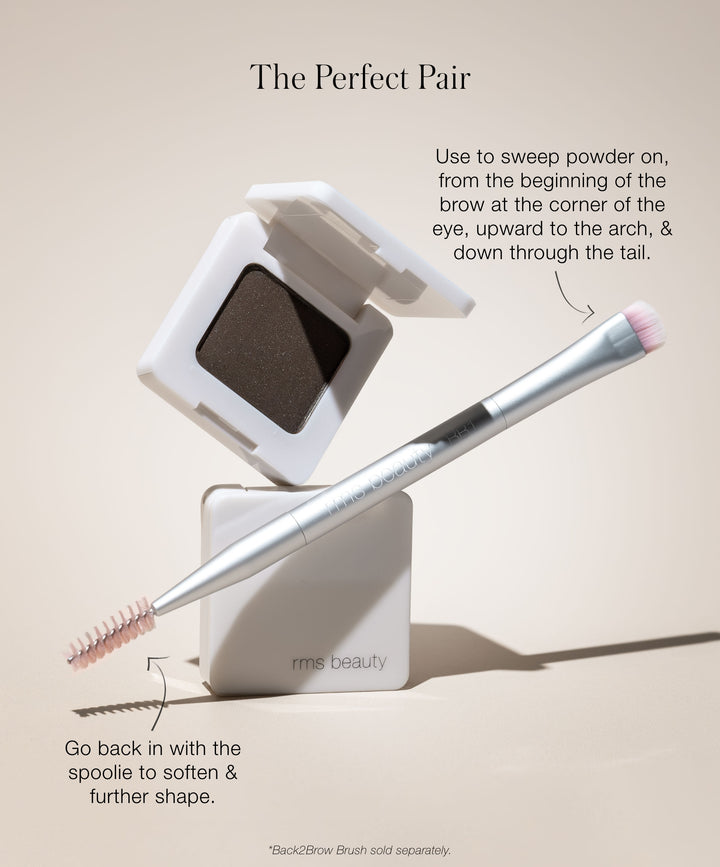 The Perfect Pair Back2Brow Powder and Back2Brow Brush. Back2Brow Brush a dual-sided eyebrow brush. The top is plush brush use to sweep powder on, from the beginning of the brow at the corner of the eye, upward to the arch, and down through the tail. The spoolie end use to go back in to soften and further shape.