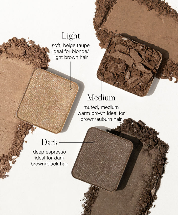 Back2Brow Powder Shades in Light soft beige taupe idealfor blode/light brown hair, Medium muted medium brown ideal for brown/auburn hair, Dark deep espresso ideal for dark brown/black hair. Powder crushed up to show velvety texture.