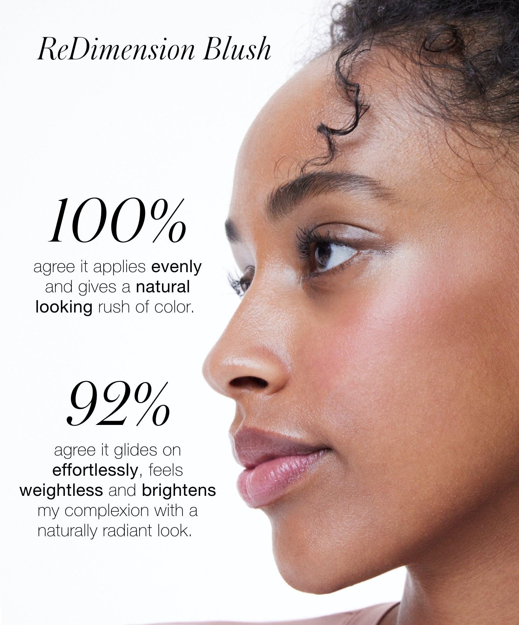 RMS ReDimension Blush results: 100% agree it applies evenly and gives a natural looking rush of color. 92% agree it glides on effortlessly, feels weightless and brightens my complexion with a naturally radiant look.