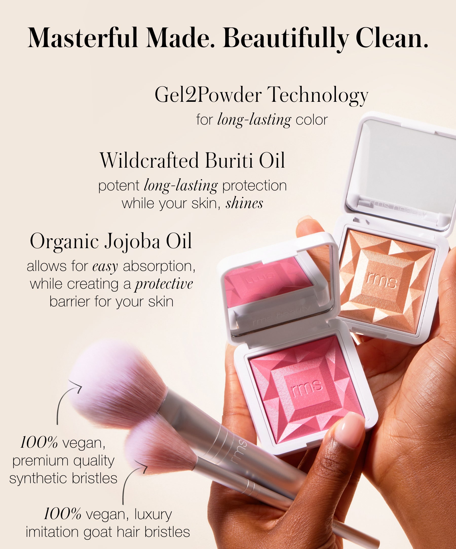 Listing the organic ingredients and benefits of RMS Deluxe Glow Kit featuring RMS Skin2Skin Classic Fan Brush, Skin2Skin Powder Blush Brush, ReDimension Hydra Powder Blush in the exclusive shade Bermuda Rose, and ReDimension Hydra Dew Luminizer in shade Prosecco Fizz.