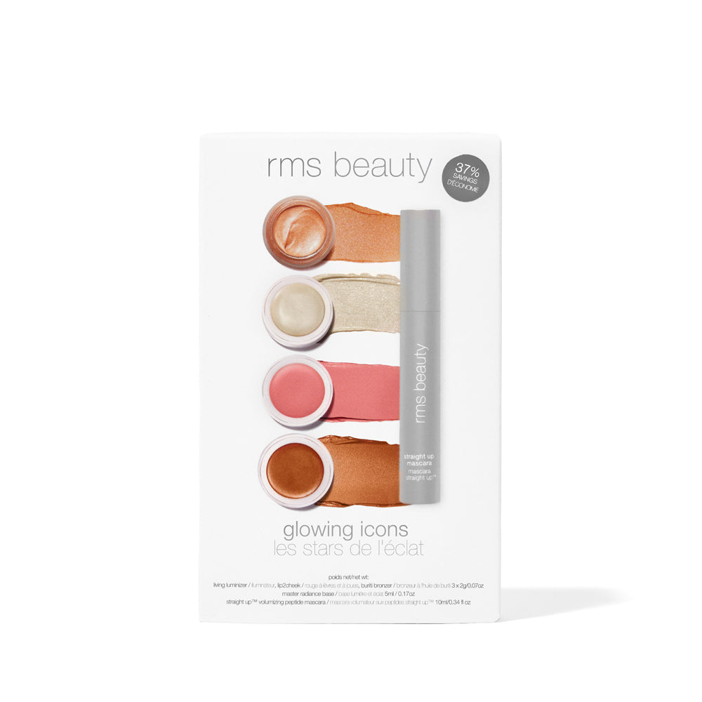 Best of RMS Collection box featuring Living Luminizer (deluxe mini): an ultra-sheer, lit-from-within, natural glow. “Demure” Lip2cheek (deluxe mini): a seductive coral pink with lush golden undertones. Buriti Bronzer (deluxe mini): a warm, sun-kissed finish
“Rich in Radiance” Master Radiance Base (deluxe mini): a rose gold incandescence. Straight Up Volumizing Peptide Mascara (full-size): HD black inside.