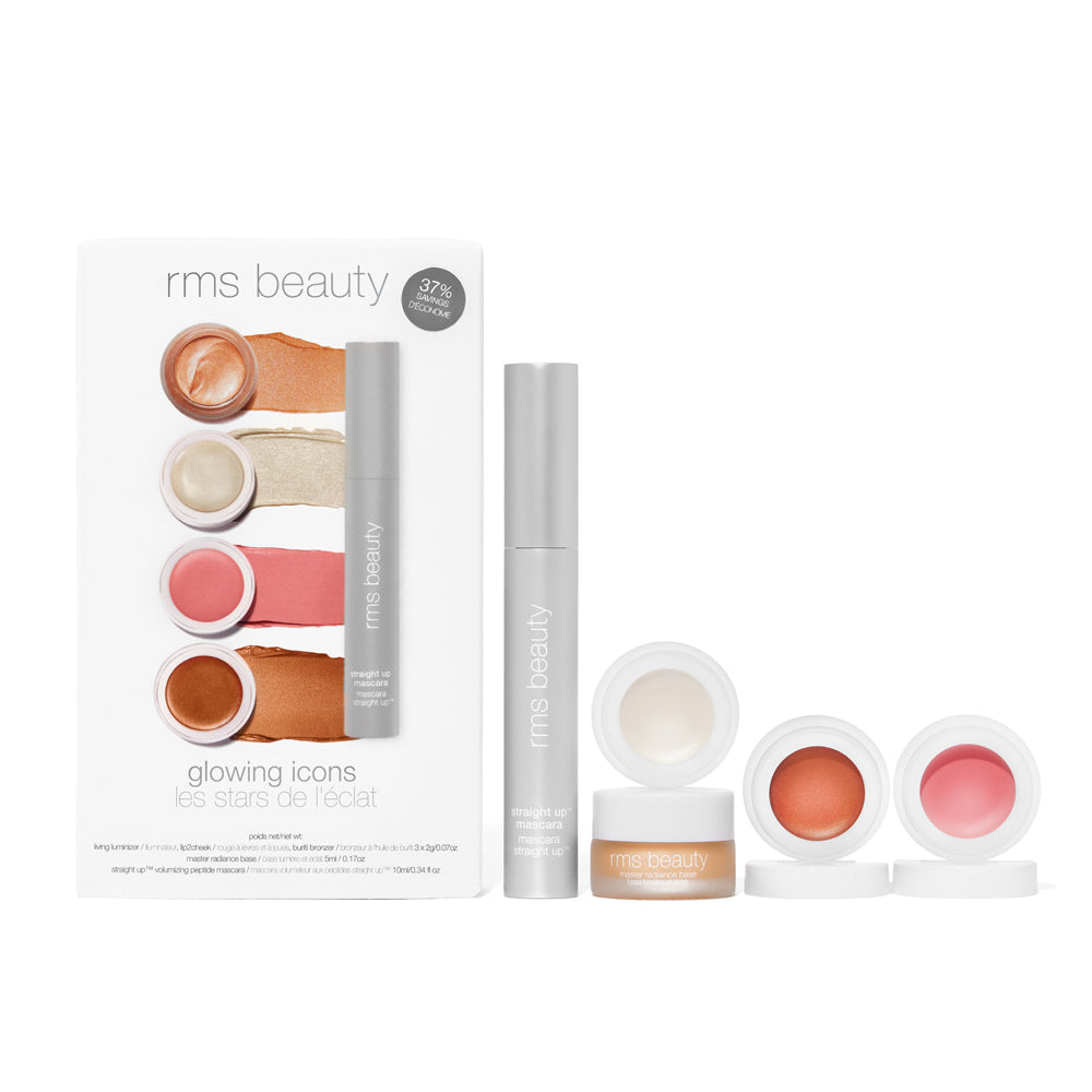 RMS Beauty Best of RMS Collection featuring four best sellers in travel-ready sizes. Living Luminizer (deluxe mini): an ultra-sheer, lit-from-within, natural glow. “Demure” Lip2cheek (deluxe mini): a seductive coral pink with lush golden undertones. Buriti Bronzer (deluxe mini): a warm, sun-kissed finish. “Rich in Radiance” Master Radiance Base (deluxe mini): a rose gold incandescence. Straight Up Volumizing Peptide Mascara (full-size): HD black.