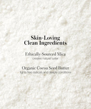 Listing Back2Brow Powder organic ingredients and benefits. Ethically-Sourced Mica creates natural luster, Organic Cocoa Seed Butter fights free radicals and deeply conditions.