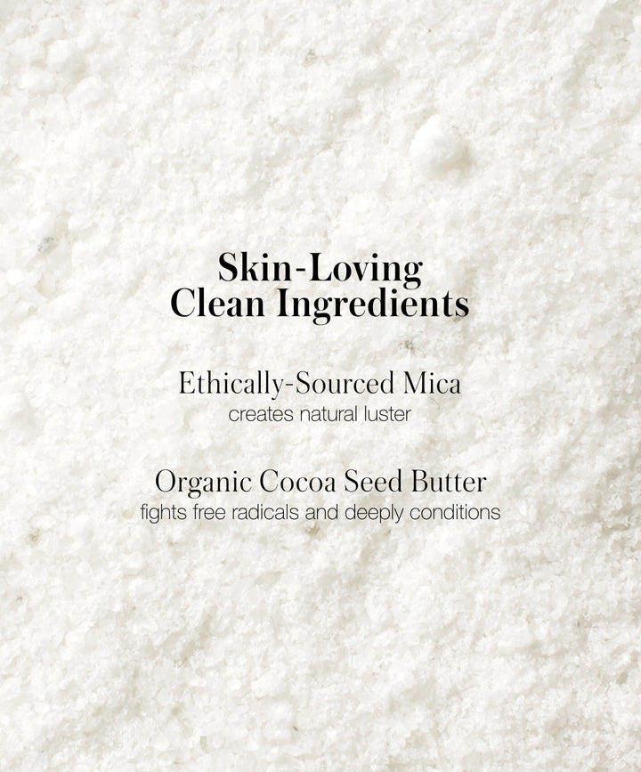 Listing Back2Brow Powder organic ingredients and benefits. Ethically-Sourced Mica creates natural luster, Organic Cocoa Seed Butter fights free radicals and deeply conditions.