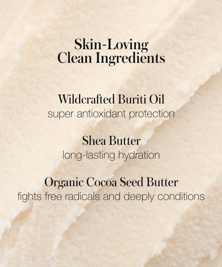 RMS Buriti Bronzer organic ingredients and benefits. Wildcrafted Buriti Oil super antioxidant protection. Shea butter long-lasting hydration. Organic Cocoa Seed Butter fights free radicals and deeply conditions.