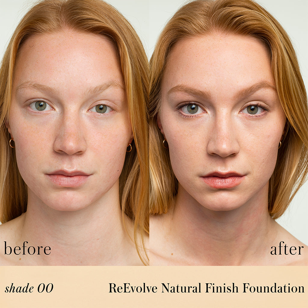 ReEvolve Natural Finish Liquid Foundation shade 00 before vs after