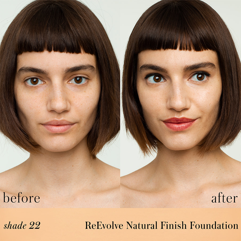 ReEvolve Natural Finish Liquid Foundation shade 22 before vs after