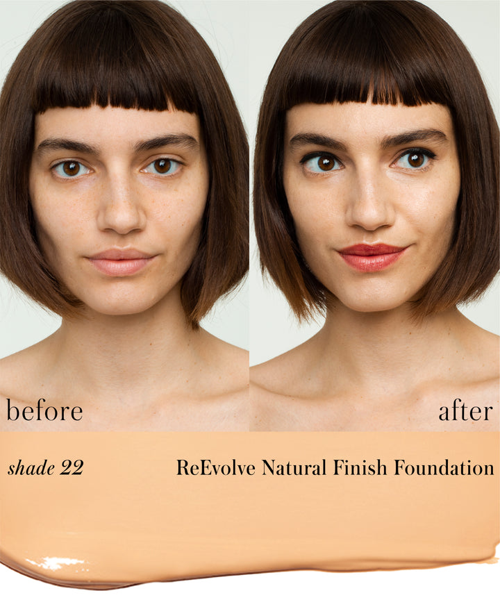 ReEvolve Natural Finish Liquid Foundation shade 22 before vs after